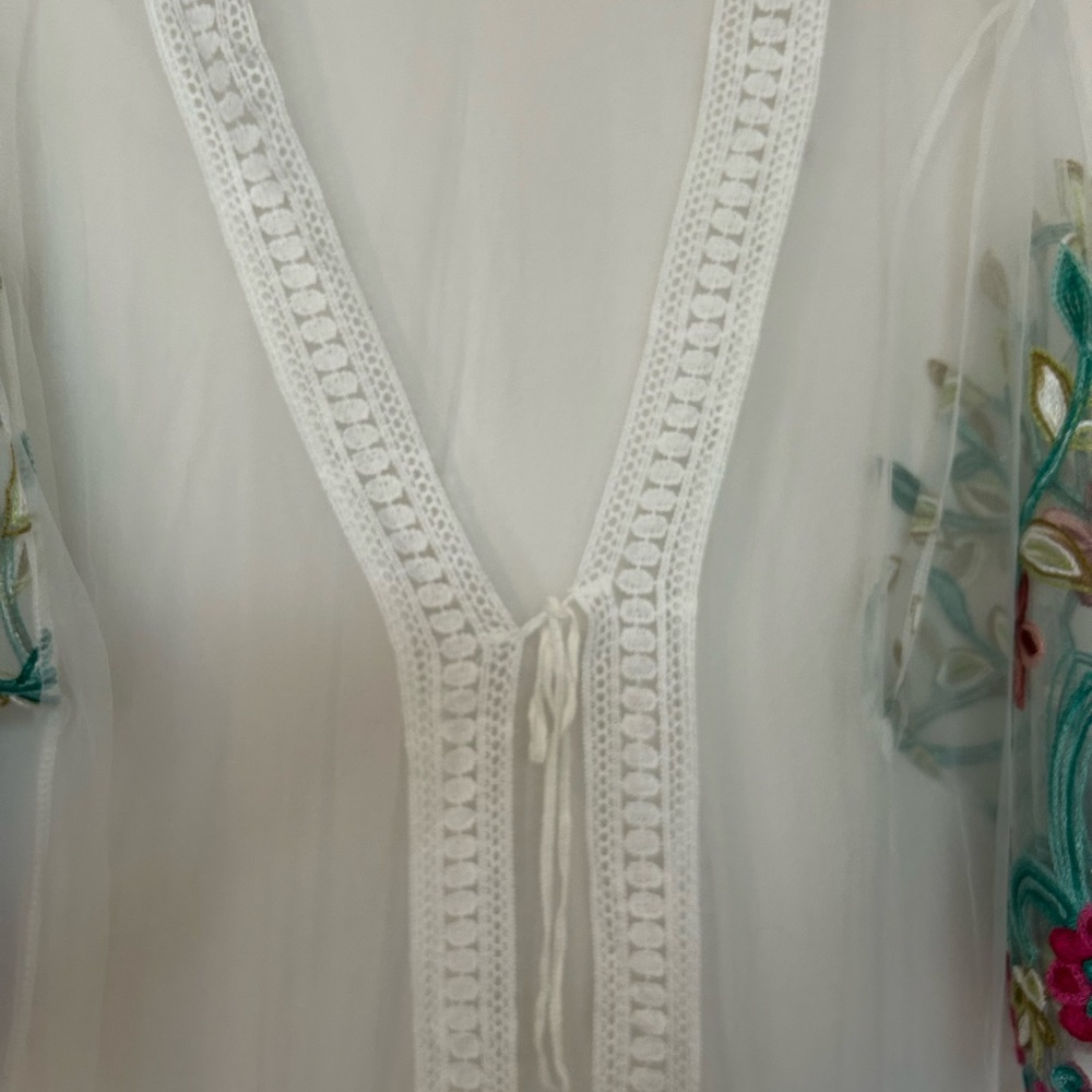 Embroidered Sheer Swim Coverup with Fringe - Picture 3 of 7